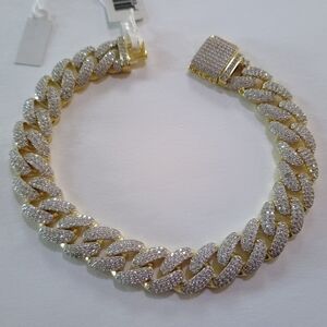 Real Solid 925 Sterling Silver 14K Gold Plated 10mm CZ Blin Miami Cuba Bracelet
